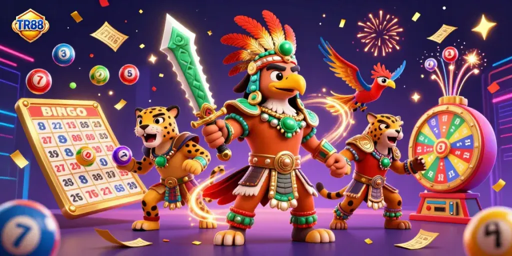 Experience exciting TR88 gaming moments with vibrant lottery balls and heroic characters.