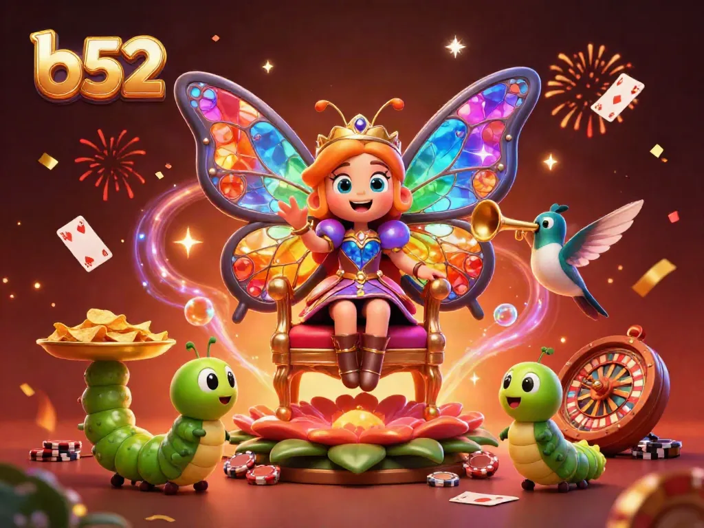 B52 players engaging in vibrant casino excitement with a colorful butterfly queen and playful details