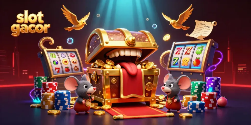 Engaging scene showcasing 'slot gacor' with adventurer mice and a gold treasure chest in excitement.