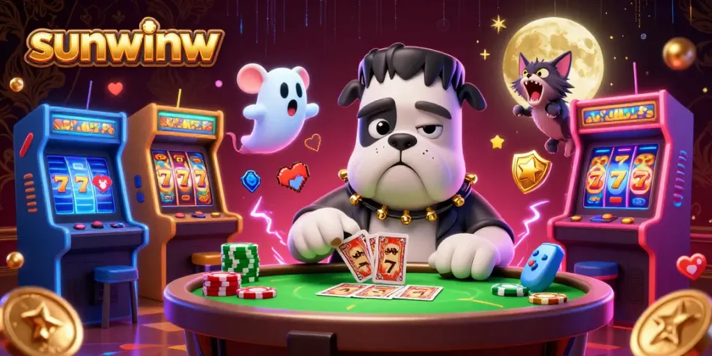 Experience the excitement of sunwinw with a vibrant 3D casino scene featuring playful characters and dynamic gaming elements.