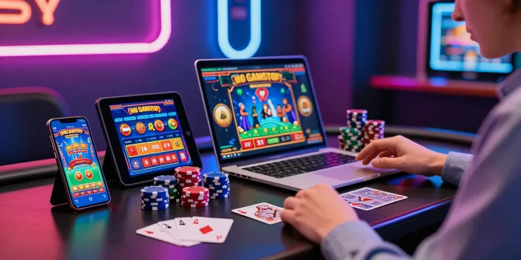 Engaging scene of casino sites displayed on devices with chips and cards in a vibrant gaming atmosphere.