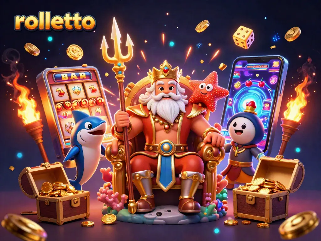 Experience rolletto's thrilling atmosphere with majestic Neptune and vibrant casino elements in this exciting illustration.