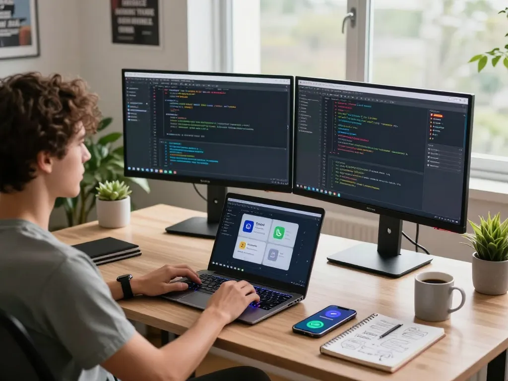 Engaging workspace with a developer using molt bot for task automation in a modern office.