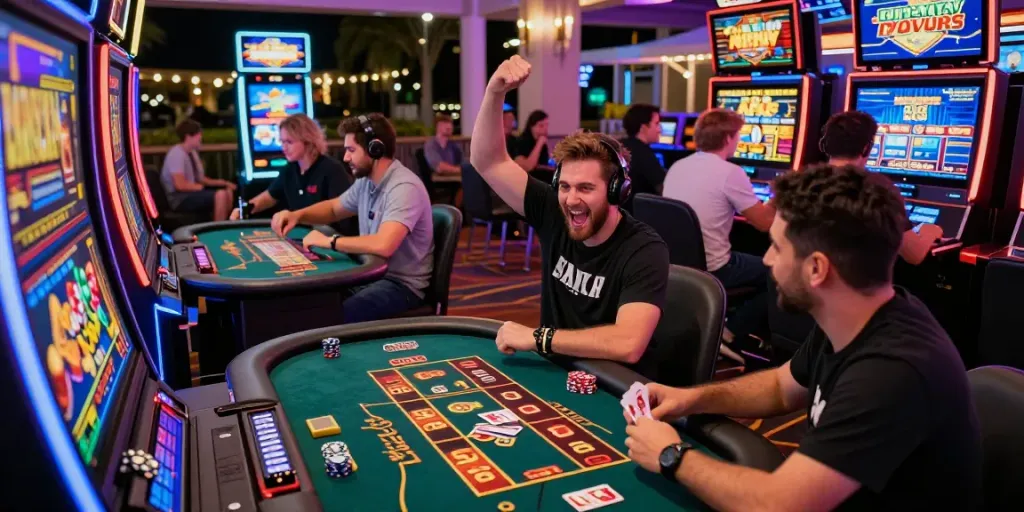 Exciting scene at a UK casino showcasing players enjoying slots, table games, and vibrant atmosphere.
