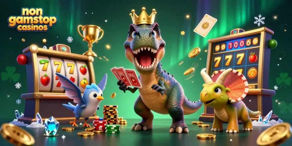Experience thrilling non gamstop casinos with a playful T-Rex, colorful reels, and golden chips.