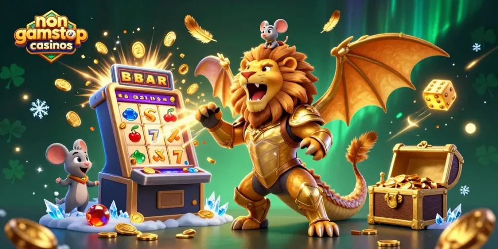 Experience the thrill of non gamstop casinos with vibrant 3D visuals featuring jackpots and festive elements.