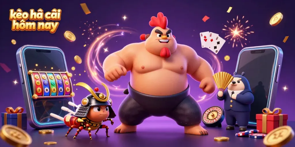 Experience the excitement of kèo nhà cái hôm nay through a dynamic 3D illustration featuring a sumo wrestler, cricket, and tanuki.