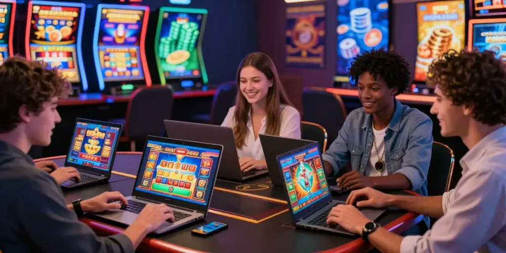 uk casino players celebrating wins on dynamic slot games in a vibrant online environment