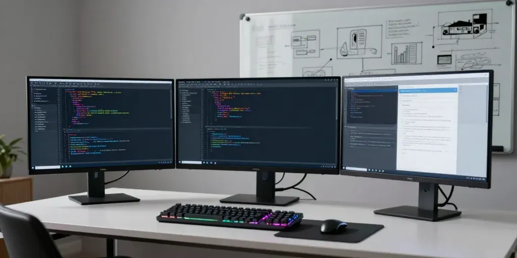 Buy .co.uk domain in a modern developer workspace with coding tools and tech devices