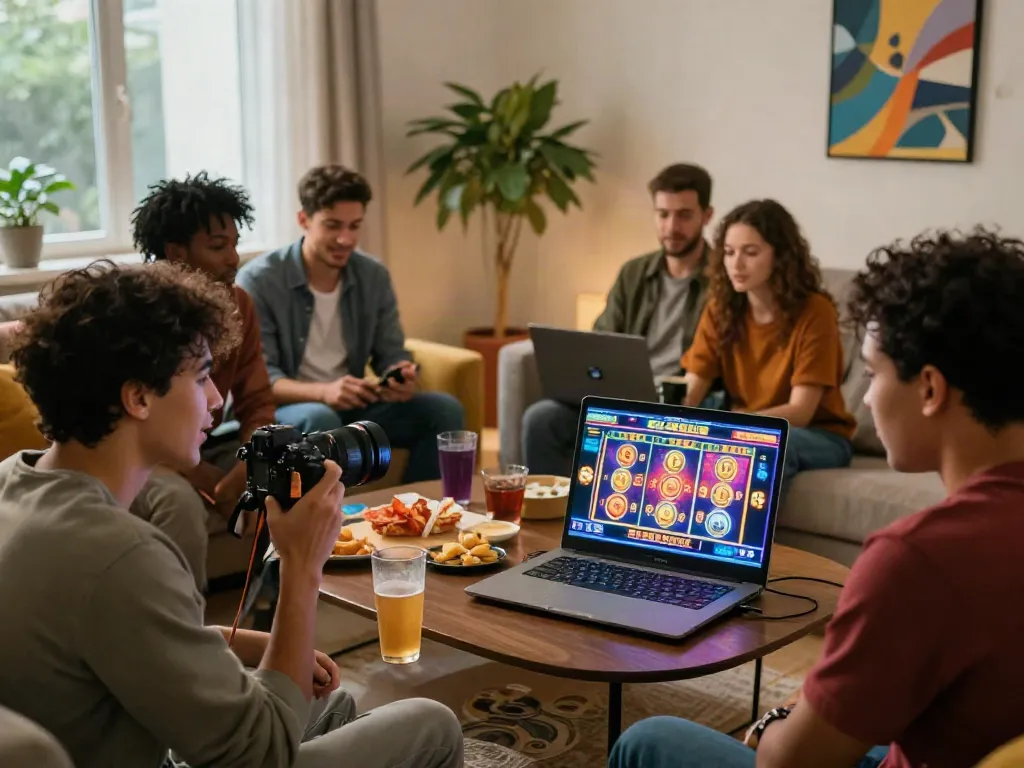 Friends playing online casinos on a laptop in a cozy living room, showcasing vibrant slot games.