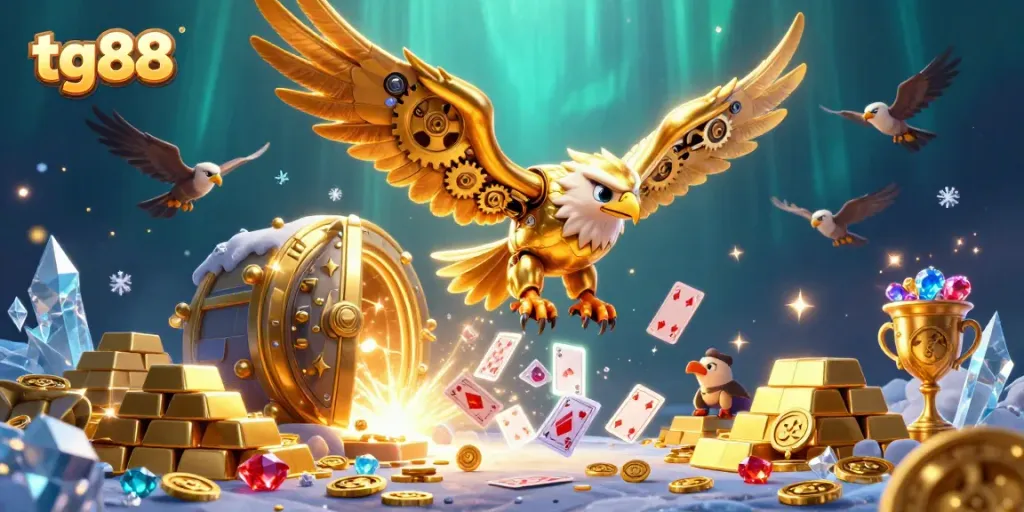 Engage with tg88's vibrant online casino experience as a golden eagle dives through holographic cards.