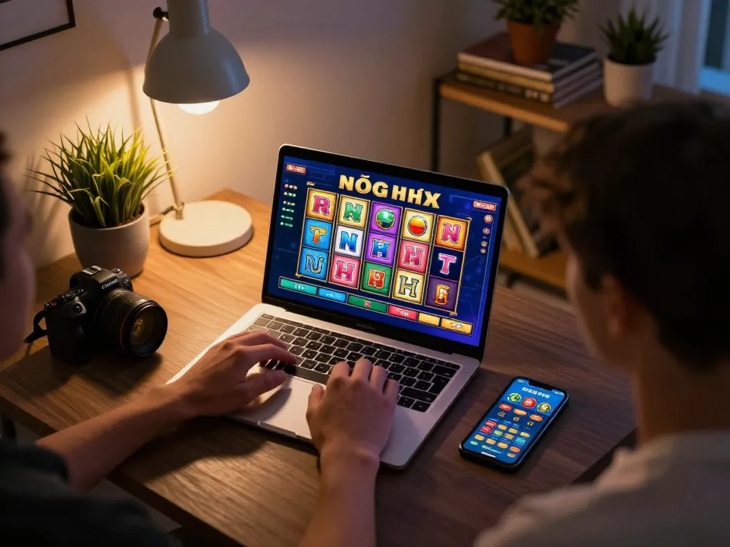 Engaged player spinning nổ hũ game reels on a laptop in a cozy home setup.