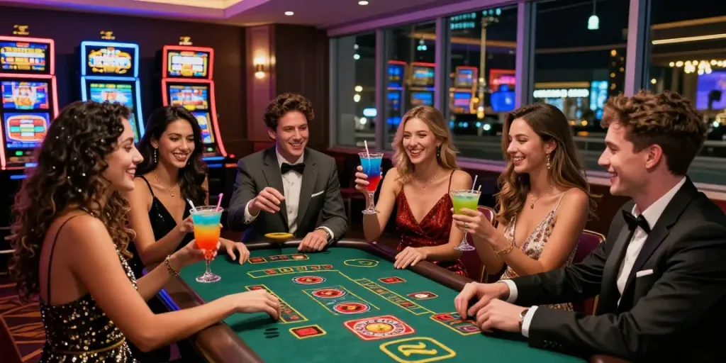 Exciting urban casino scene showcasing friends enjoying casino sites with cocktails and games.