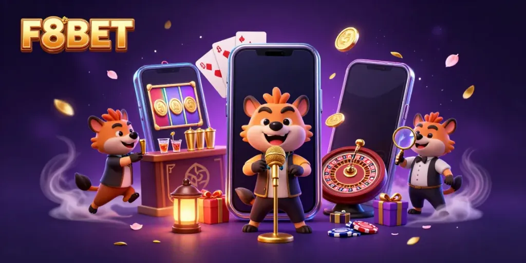 Experience the vibrant comedy casino environment at F8BET with hyenas serving drinks and jokes.