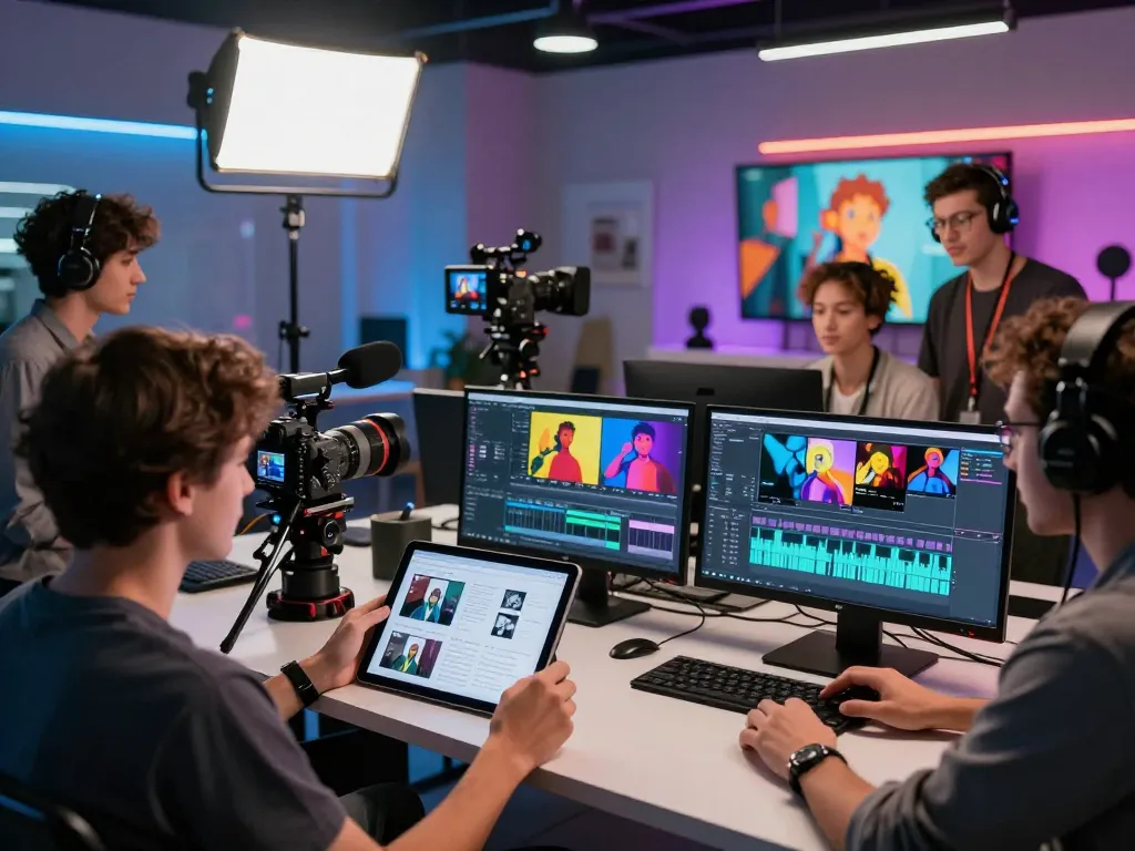 Creators using seedance ai in a vibrant video production studio with advanced tech tools.