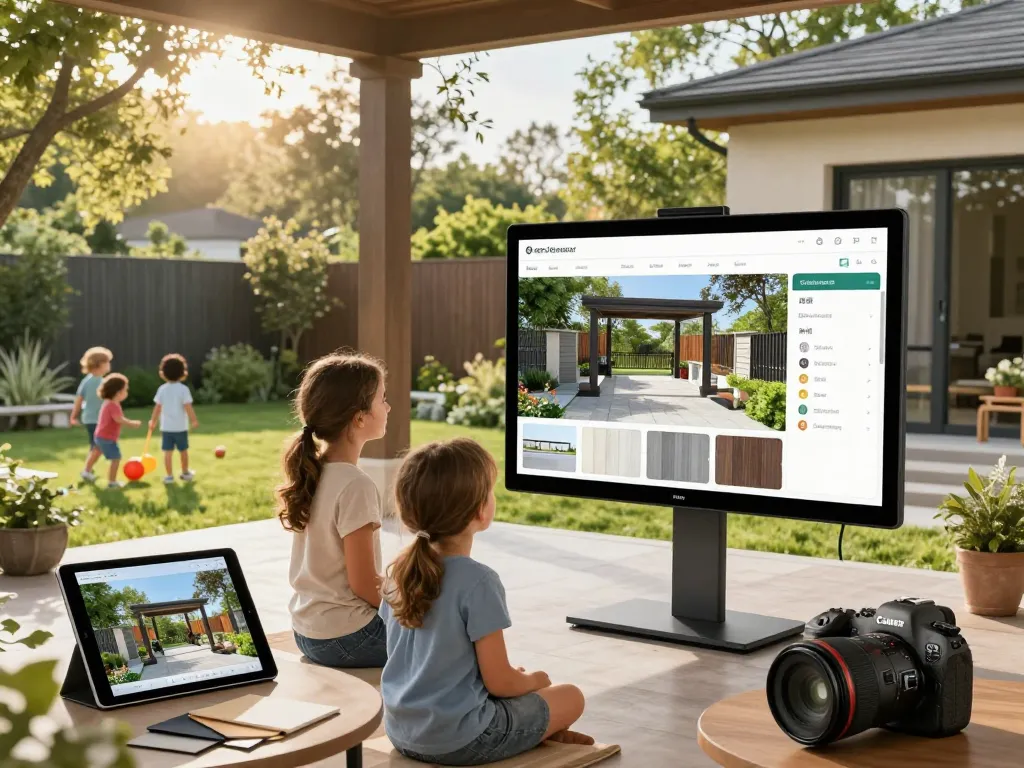 Engaged family customizing their ideal veranda using a veranda configurator in a beautifully landscaped garden setting.