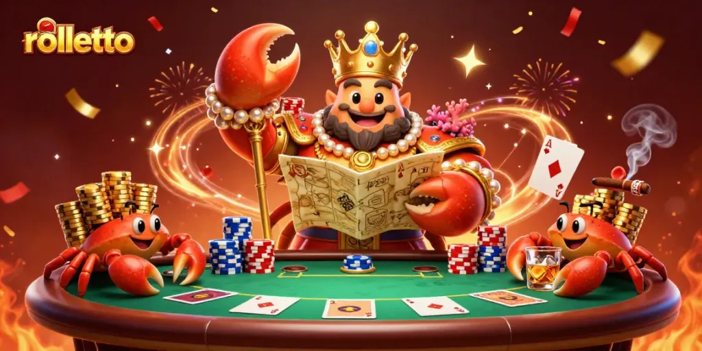 Experience the thrill of rolletto casino with vibrant 3D crab and gaming elements.
