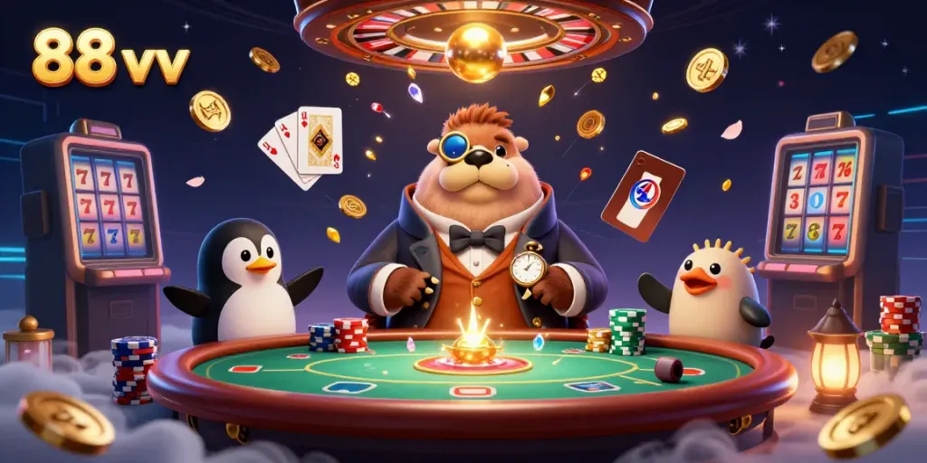 Engage in thrilling gaming with 88 vv as a walrus and friends play poker underwater.