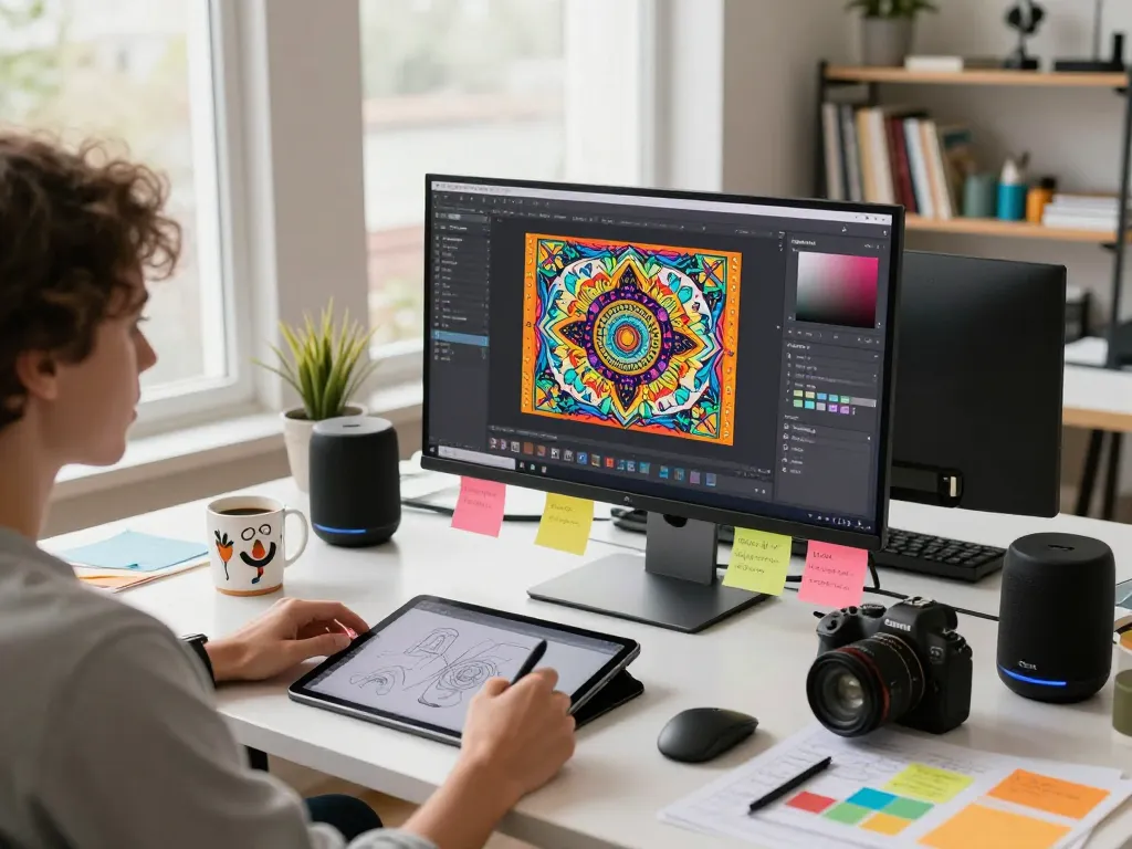 Creative workspace with artist using nano banana 2 AI editor on high-res monitor, vibrant graphics and design elements.