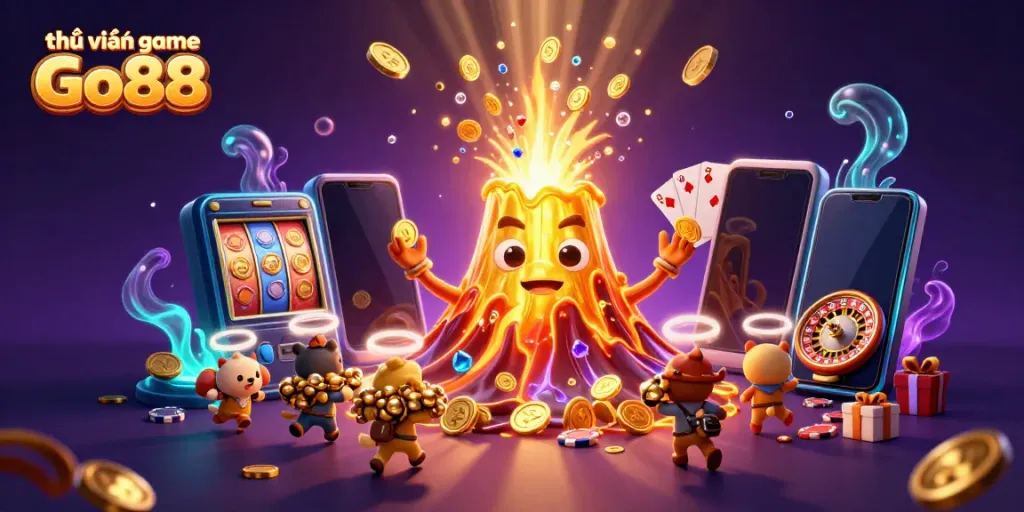 Engage with thư viện game Go88 featuring a golden volcano erupting treasures and gaming elements.