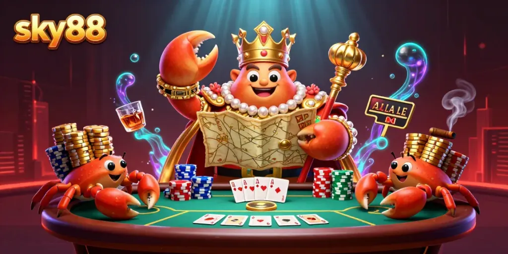 Join the excitement at sky88 with a golden crab emperor ruling over a vibrant gaming scene filled with poker elements.