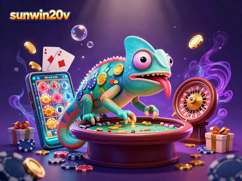 Experience the vibrant world of sunwin20v with a chameleon casino owner amidst swirling games and golden coins.