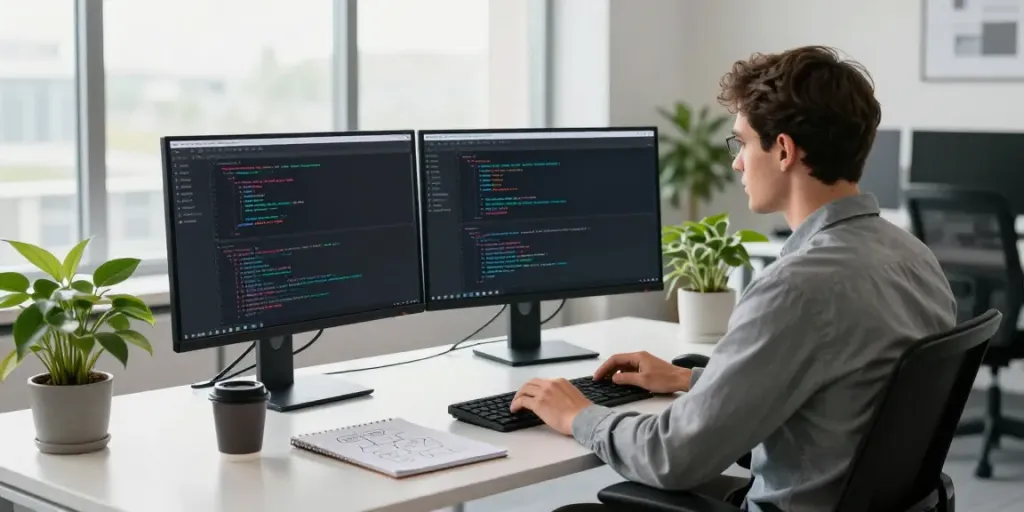 Developer optimizing instant indexing algorithms in a modern office setup.