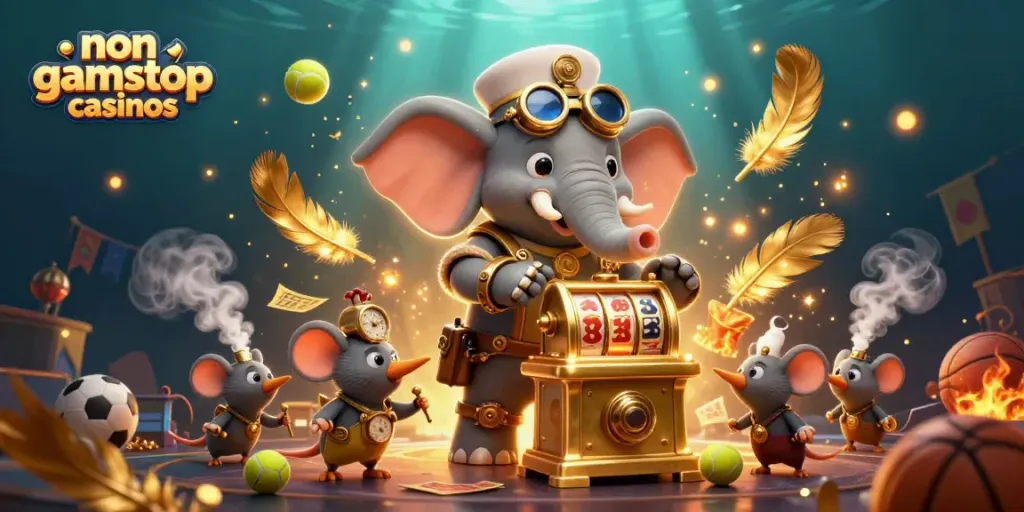 Engage with non gamstop casinos featuring a steampunk elephant operating a golden slot machine.