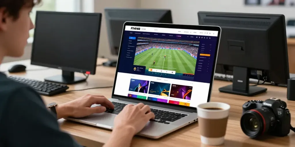 Explore vibrant online betting with FIVE88 on a sleek laptop.