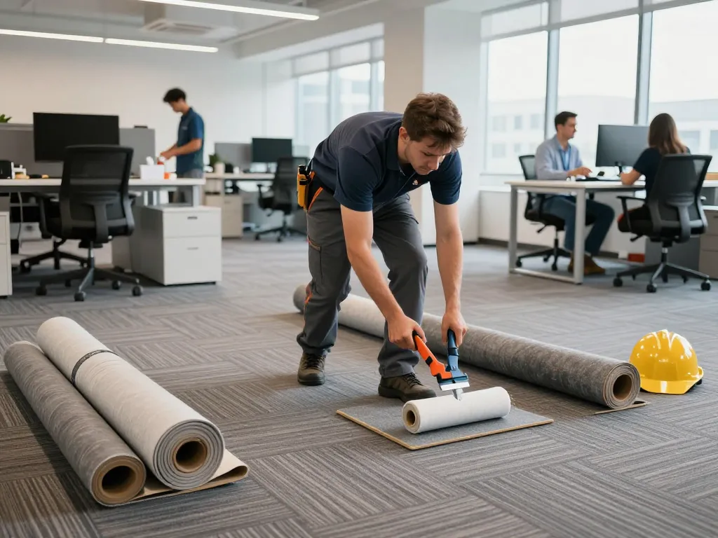 Commercial carpet installation process in a bright office space featuring skilled professional laying carpet tiles.