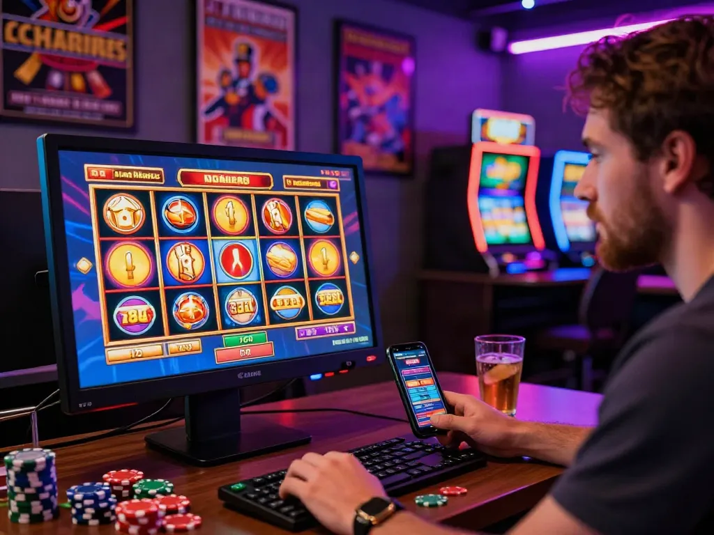 Excited player engaging with casino sites on a computer, surrounded by chips and gaming apps.