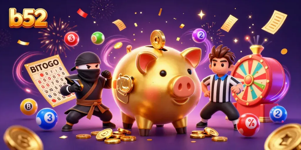 Engage with B52 slots and jackpots amidst a vibrant celebration backdrop, featuring exciting gaming characters.