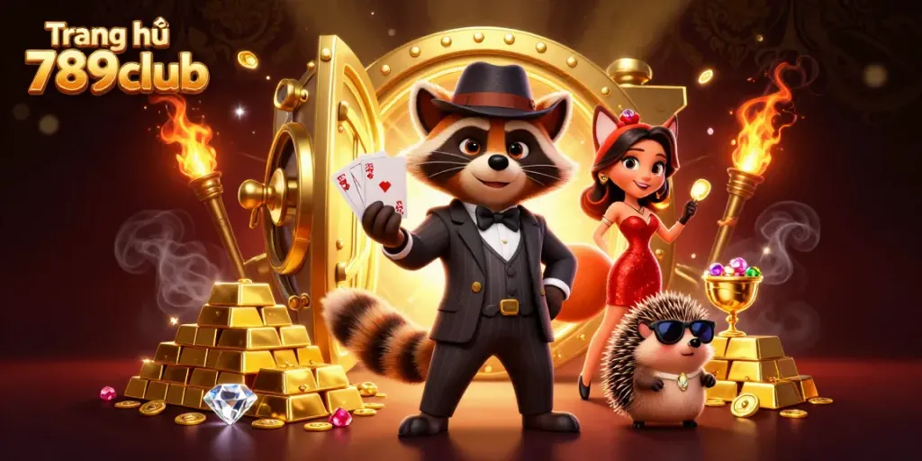 Experience the excitement at Trang chủ 789club with a charming raccoon and elegant fox in a vibrant casino scene.