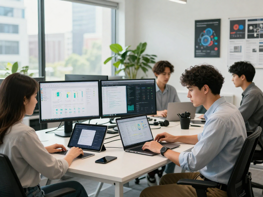 Professional team collaborating on IDXSTAR software in a modern tech workspace