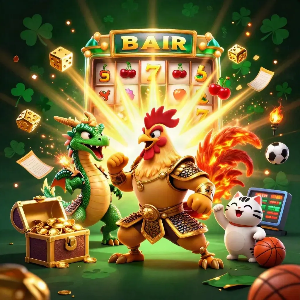 Rooster warrior, dragon hatchling and fortune cat explode with casino treasure and sports icons.