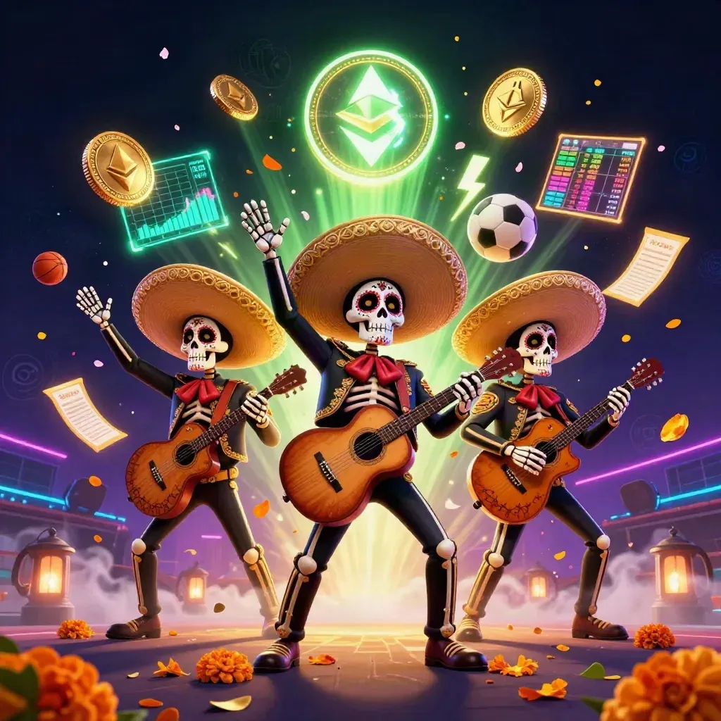 Three Day-of-the-Dead skeleton mariachi players amid neon crypto betting energy and floating sports props