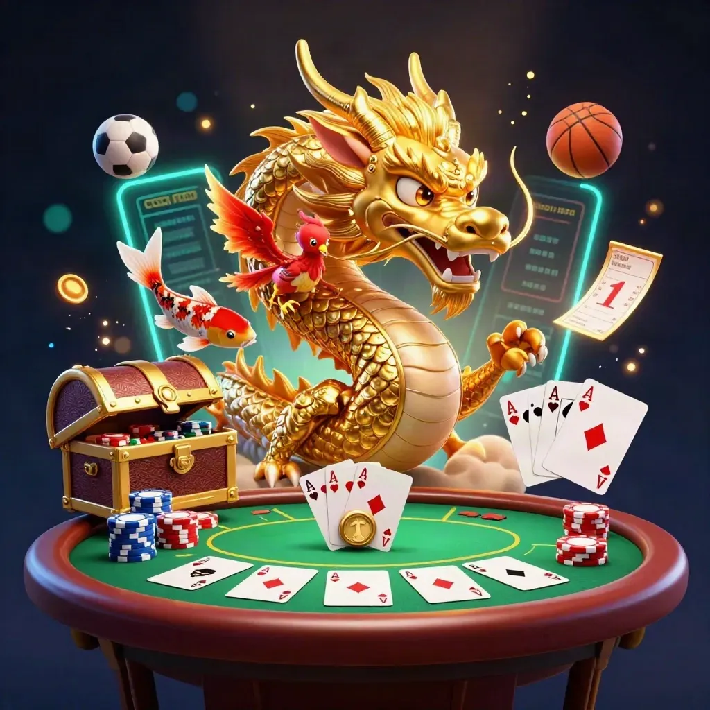 Golden dragon with phoenix, koi and poker chips exploding in a navy casino glow.