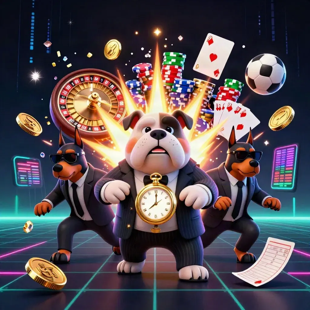 Bulldog boss and Dobermans amid casino chips, cards, coins, roulette, neon effects.