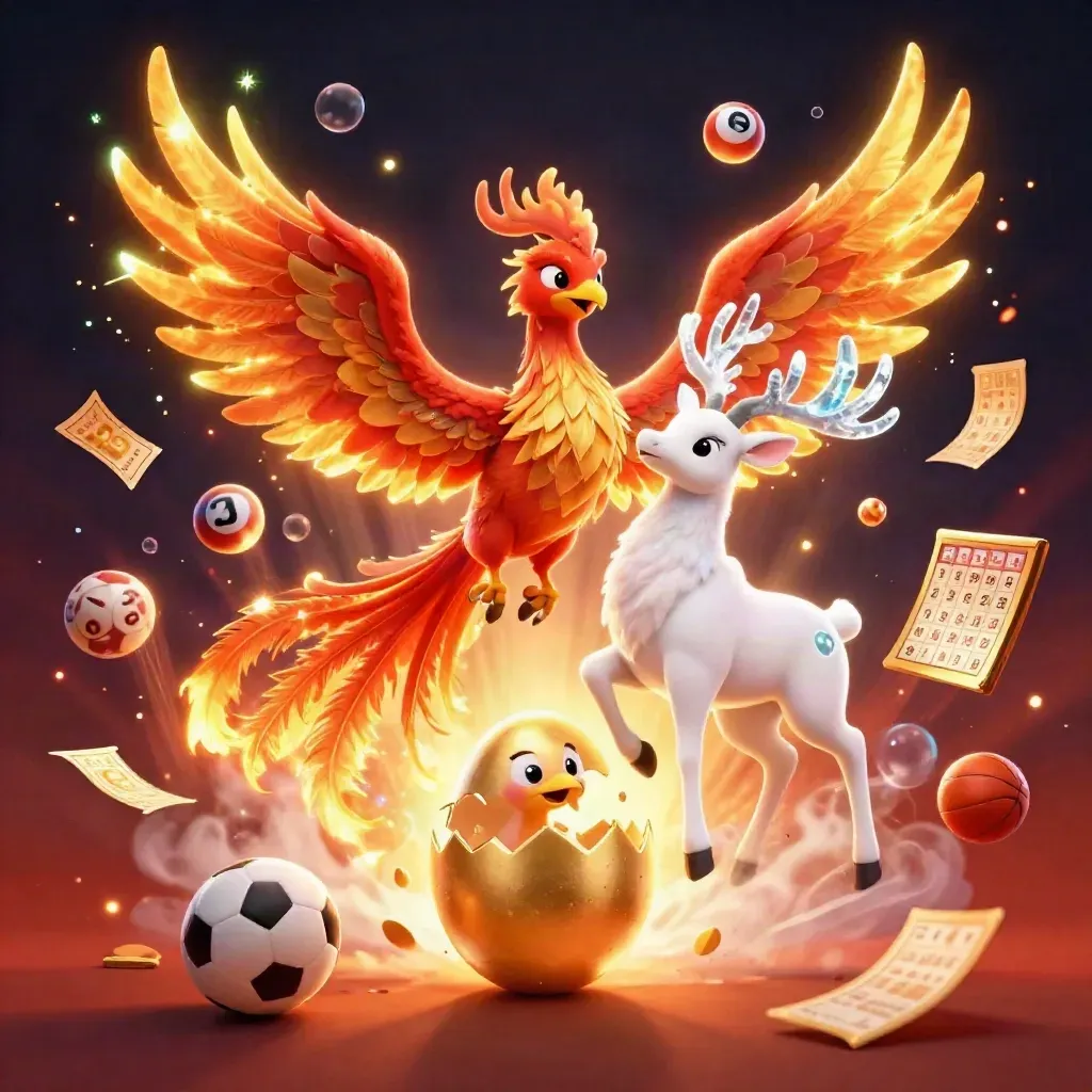 Phoenix, hatchling, and crystalline stag amid casino balls, wheel, tickets, and neon glow.