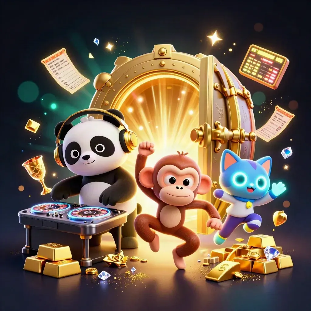 DJ panda, breakdancing monkey, and glow-stick kitten amid casino loot and neon light.