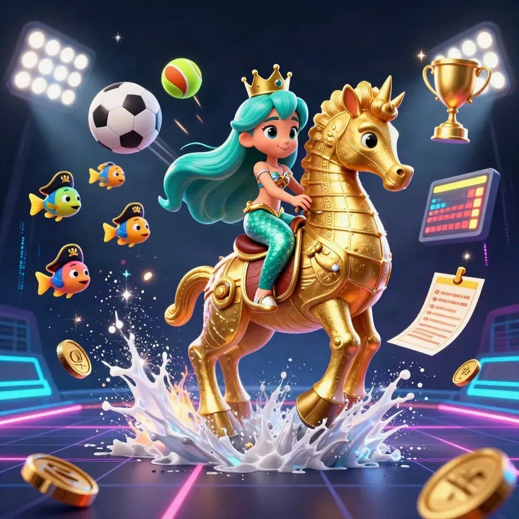 Mermaid princess on golden seahorse with pirate fish, flying sports balls, trophy, coins, neon lights.