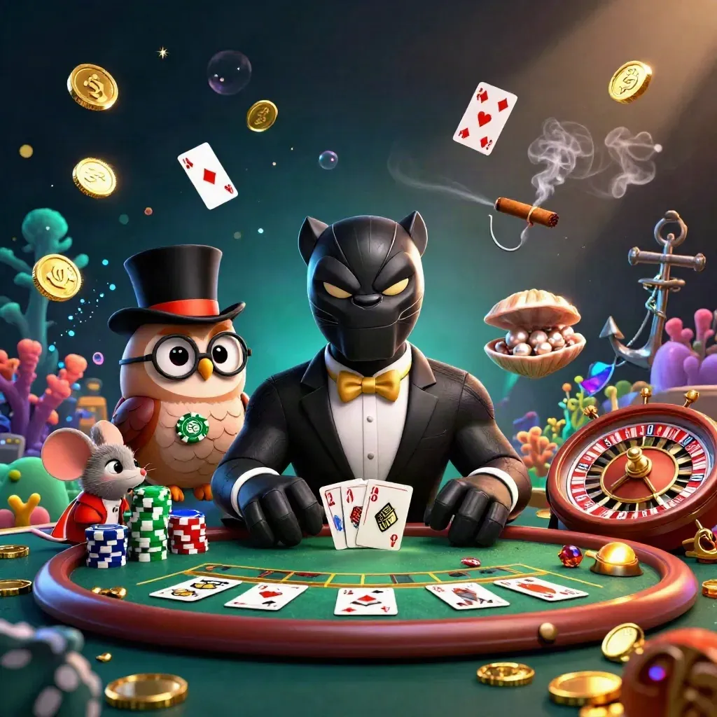 Panther, owl and mouse in a luxe casino-treasure scene with glowing roulette and coral.