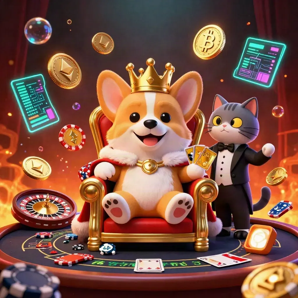 Royal corgi and cat butler in a neon casino scene with coins, charts, and glowing effects.