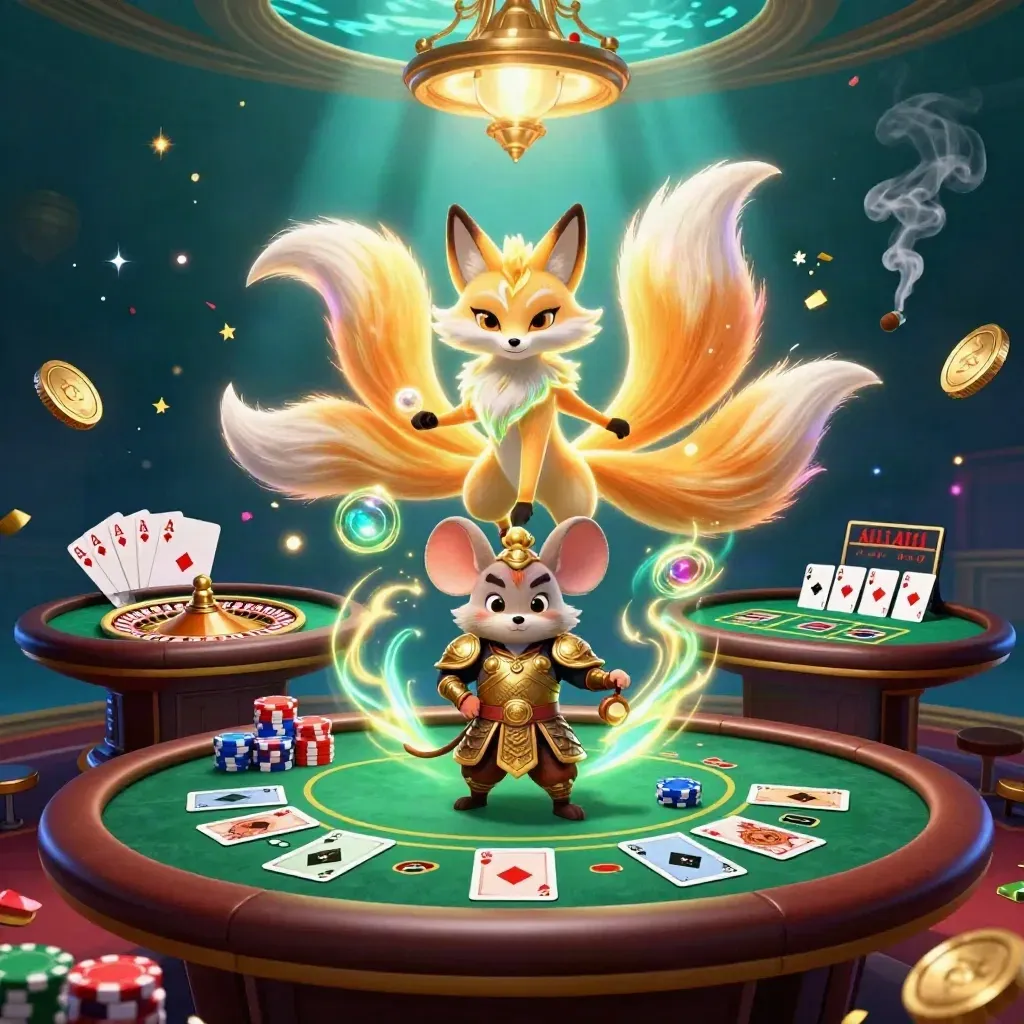 Nine-tailed fox spirit and gold-armored mouse amid casino props, chips, fireworks and neon magic.