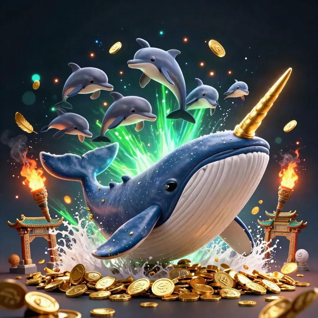 Captain whale, narwhal and dolphins burst through coins beside a temple gate and torch ring.