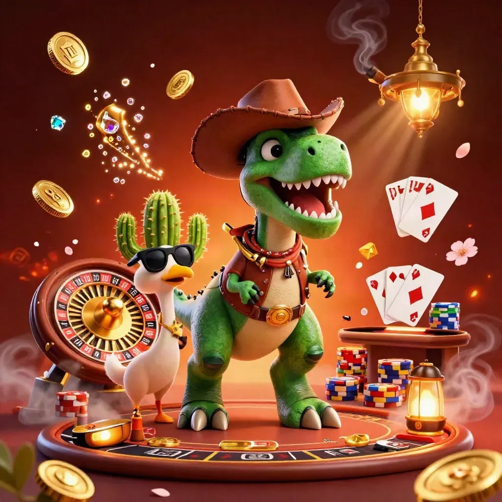 Cowboy T-Rex, cactus, and roadrunner amid casino gold, jewels, and glowing neon luxury.