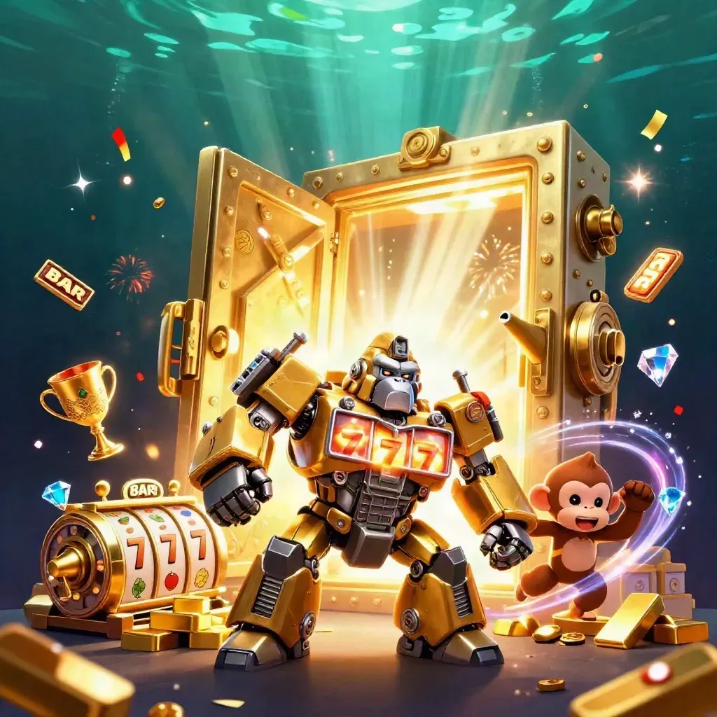 Golden gorilla mech and tiny monkey pilot exploding with treasure, reels, and neon energy