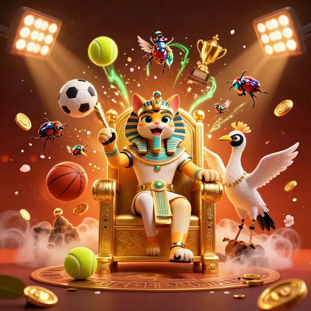 Pharaoh cat and ibis scribe amid gem-winged scarabs, sports balls, coins and glowing casino effects.