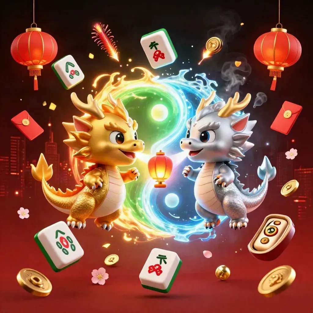 Twin gold and silver dragons in yin-yang fire and ice, with lantern spirit and casino gems