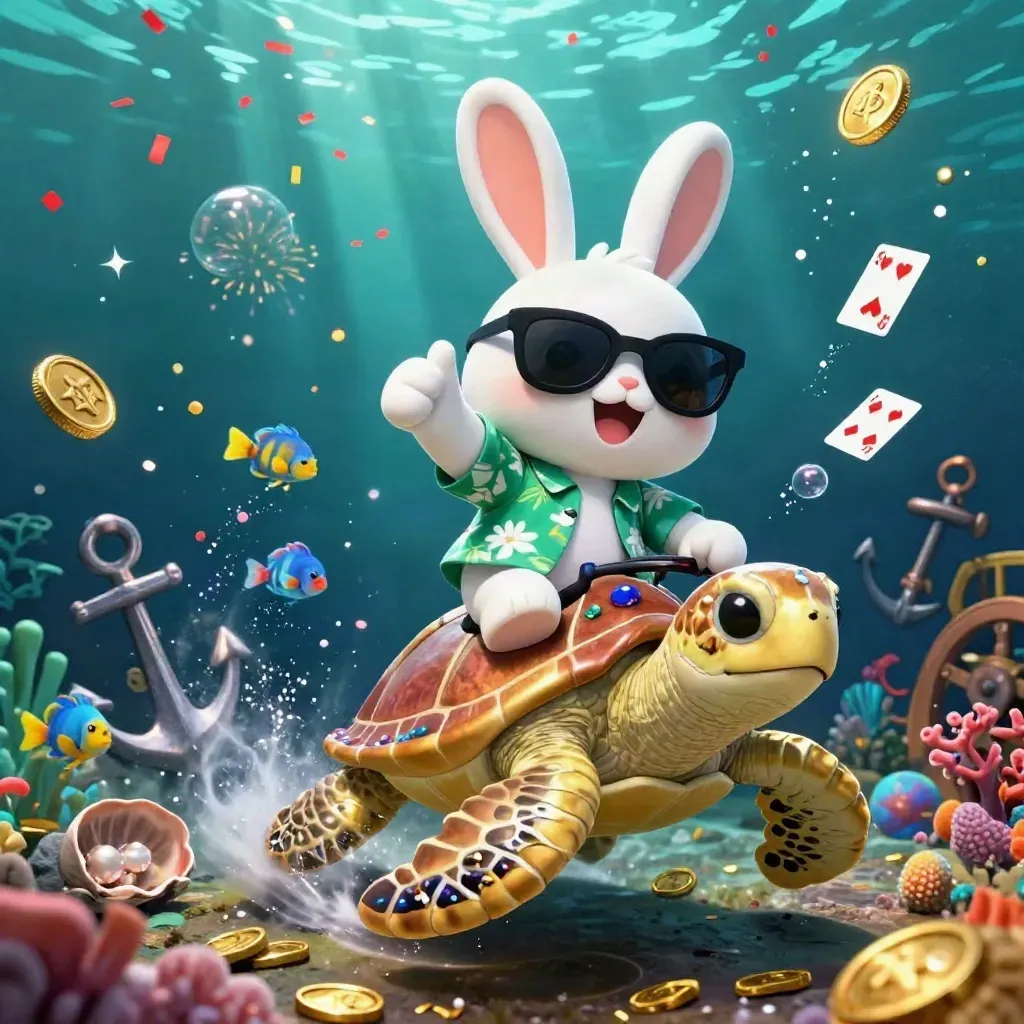 Lucky rabbit rides a golden sea turtle in a sparkling treasure cove underwater.